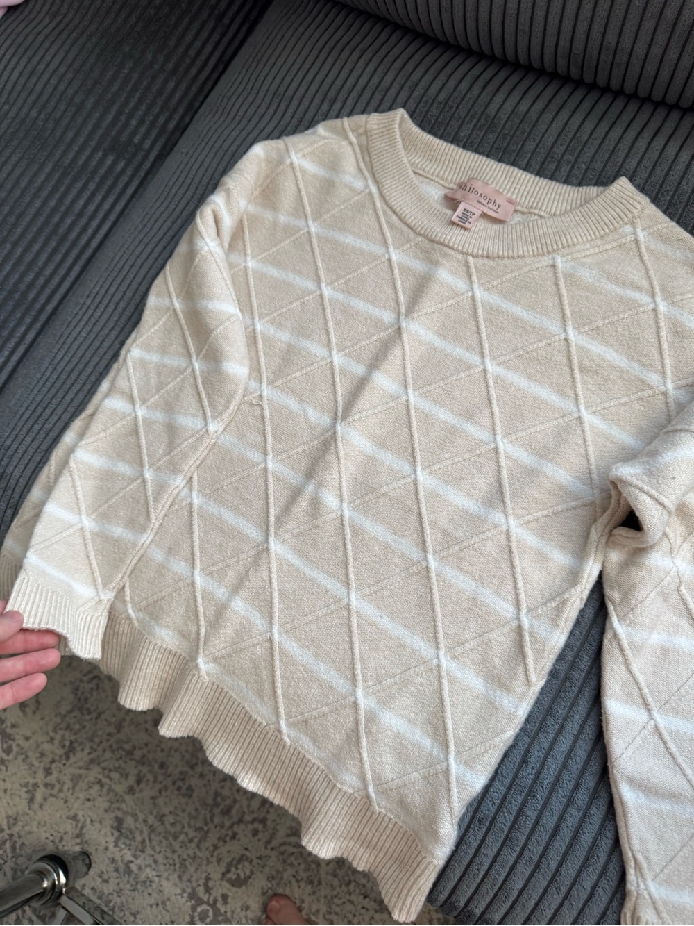 Cream Diamond-Pattern Crewneck Sweater